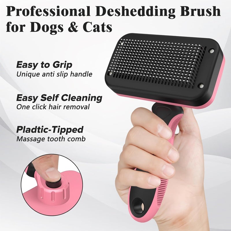 HSC 2PCS Self Cleaning Slicker Brush & Dog Comb - Skin Friendly Deshedding Grooming Tool for Dogs, Cats and Small Animals, Professional Deshedding Dematting Tool for Long and Short Haired Pets (Pink) - Image 3